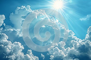 A light blue sky with white clouds and rays of shining through, a heavenly background with godrays creating a heavenly scene.