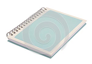 Light blue spiral notebook with white frame on cover page isolated