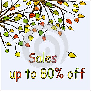 Light blue square background with hand drawn colorful autumn fallen leaves