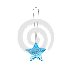 Light blue star white background isolated closeup, Ð¡hristmas tree decoration, bright shiny star shaped bauble, new year decor