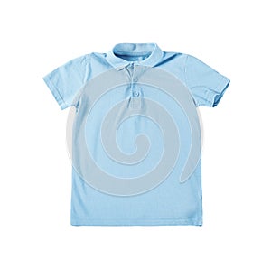 Light blue t-shirt isolated on white, top view. Stylish school uniform