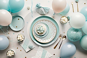 Light blue table with baloons and confetti, party table for a baby boy shower or gender reveal, generative AI