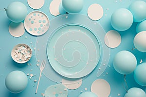 Light blue table with baloons and confetti, party table for a baby boy shower or gender reveal, generative AI