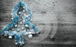 Light Blue Tinsel Christmas Tree, Copy Space