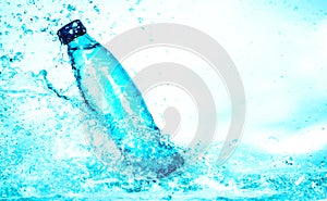light blue transparent water wave surface with splash bubble on bottle water