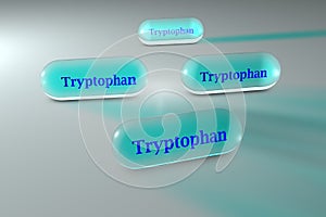 Light blue tryptophan capsules. Tryptophan is an essential amino acid used in the biosynthesis of proteins. Scientific photo