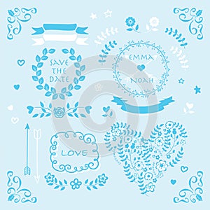 Light blue vector wedding invitation design element set