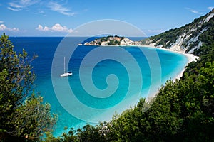 Light blue water on beach with sail on Gidaki on the Ithaca Ithaki or Ithaka island like paradise with blue sky in Greece