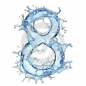 Light blue water drops in the shape of the number 8 on a white background close-up. Number 8 made from water splashes. photo