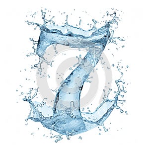 Light blue water drops in the shape of the number 7 on a white background close-up. Number 7 made from water splashes photo