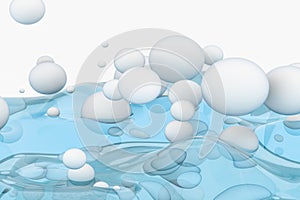 Light blue water wave cube, with creative spheres bubble, 3d rendering