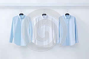 light blue and white color men's long-sleeved shirts, blue tones, hanging on the wall, white background, Generated AI