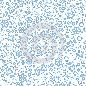 Light blue on white hand drawn random flower and leaf seamless repeat pattern background