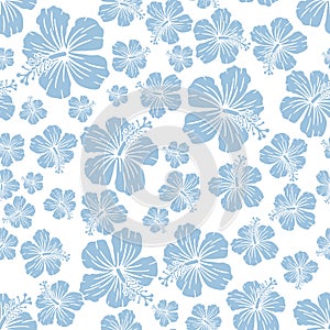 Light Blue on white random hibiscus flower pattern seamless repeat background