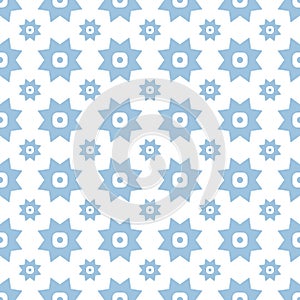 Light blue on white with two different sized stars with squares and circles seamless repeat pattern background