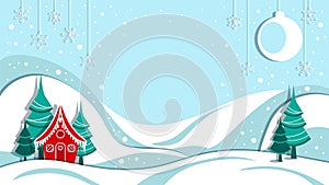 Light blue winter Christmas and New Year background with abstract landscape of Christmas tree and red house in cartoon style