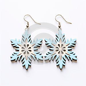 Light Blue Wooden Snowflake Earrings On White Background