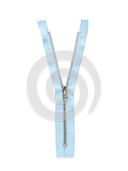 Light blue zipper isolated on white, top view