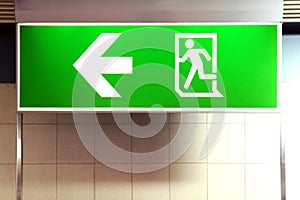 Light box of fire exit old on wall, Warning sign for fire escape, Fire Alarm Signs, Fire door sign green
