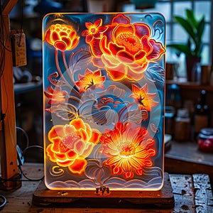 Light box with floral pattern is on wooden table