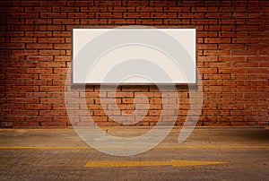 Light box or white board on brick grunge wall and street floor background