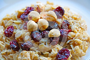 Light breakfast, porridge with nuts and cranberries