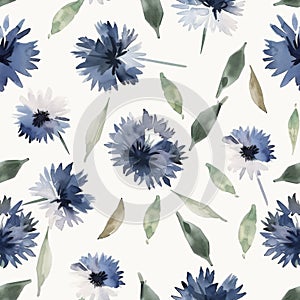 A light and breezy watercolor pattern with cornflowers scattered across a white canvas, each petal painted in a soothing