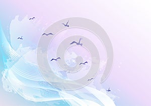 Light and bright abstract sky background with birds flying in the clouds, waves and water spots