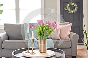 Light and bright living room decorated for spring