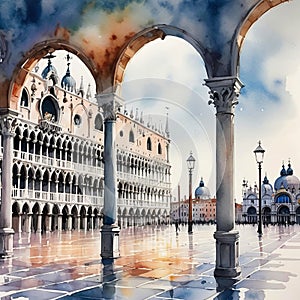 A light and Bright watercolor in muted colors, depicting the beautiful Piazza San Marco in Venice (Italy, Veneto)