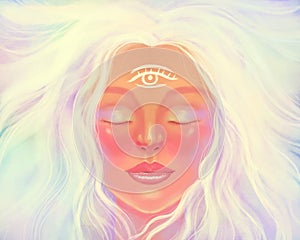 Light bright woman girl portrait. Symbol of spirituality, spiritual awakening, mindfulness, meditation and healing. The third eye