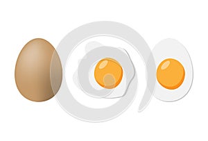 Light brown chicken eggs, Fried egg, Boiled egg isolated on white background. Vector stock Vector illustration