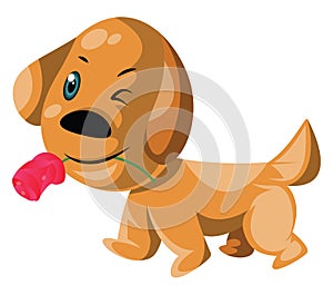 Light brown dog holding a pink rose in his mouth vector illustration