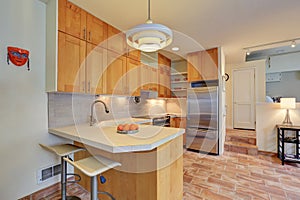 Light brown kitchen interior with steel appliances