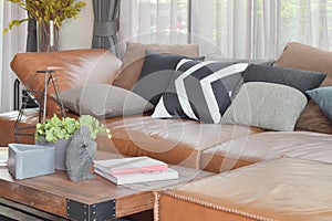 Light brown leather L shape sofa and wood table in living room