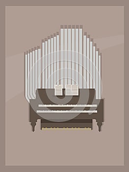 Light brown postcard with small room organ wooden brown and gray with two keyboards for hands and pages with notes