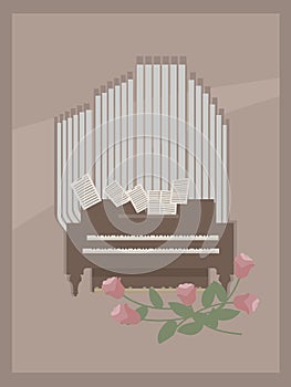 Light brown postcard with small room organ wooden brown and gray with two keyboards for hands, pages with notes and pink rose flow