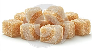 Light brown sugar cubes, piled on white background
