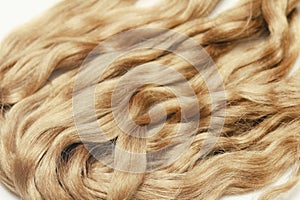Light brown wavy human hair on white background. Beauty salon. Hair Extensions.