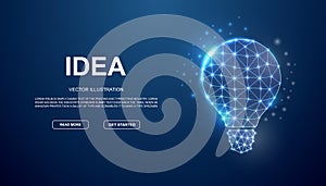 Light bulb 3d low poly symbol with connected dots for blue landing page. Inspiration design illustration concept