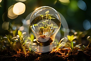 light bulb against nature on green leaf with energy sources, Sustainable developmen and responsible environmental, AI generate