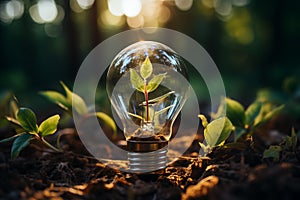light bulb against nature on green leaf with energy sources, Sustainable developmen and responsible environmental, AI generate