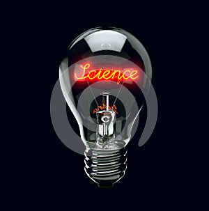 Light bulb on black background with word science.