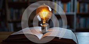 Light bulb and book on wooden table with copy space.