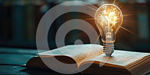 Light bulb and book on wooden table with copy space.