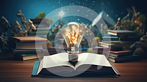 Light bulb and books. Online education, idea, innovation concept. Science background