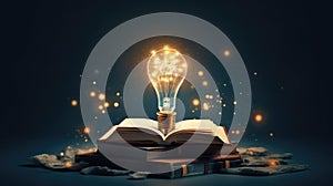 Light bulb and books. Online education, idea, innovation concept. Science background