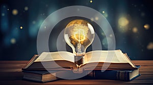 Light bulb and books. Online education, idea, innovation concept. Science background