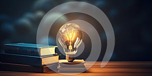 Light bulb and books. Online education, idea, innovation concept. Science background