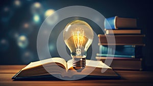 Light bulb and books. Online education, idea, innovation concept. Science background